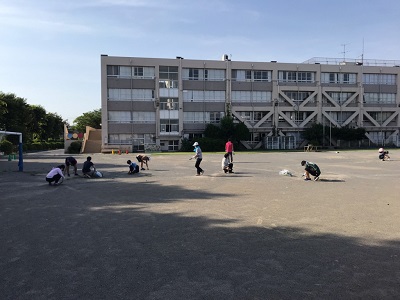 写真：校庭の草取りの様子