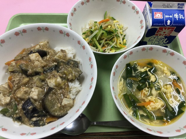 ・牛乳・麻婆なす丼・ナムル・ワンタンスープ
