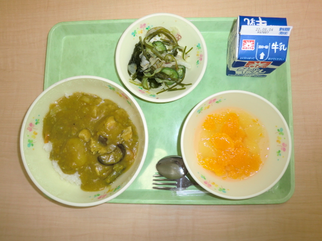 「今日の献立」牛乳、夏野菜カレーライス、海藻サラダ、サイダーポンチ