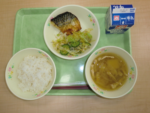 [今日の献立] 牛乳、ご飯、みそ汁、サバの塩焼き、ごまじゃこ和え