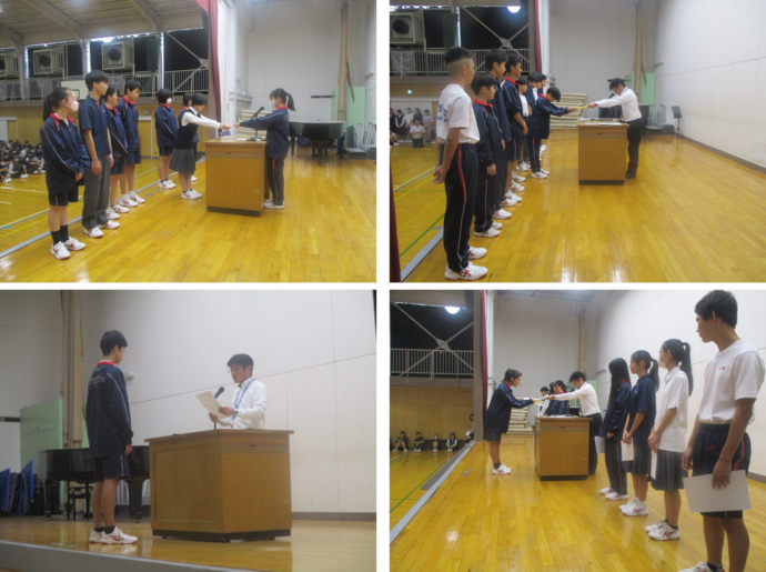 部活表彰と生徒会認証式の写真