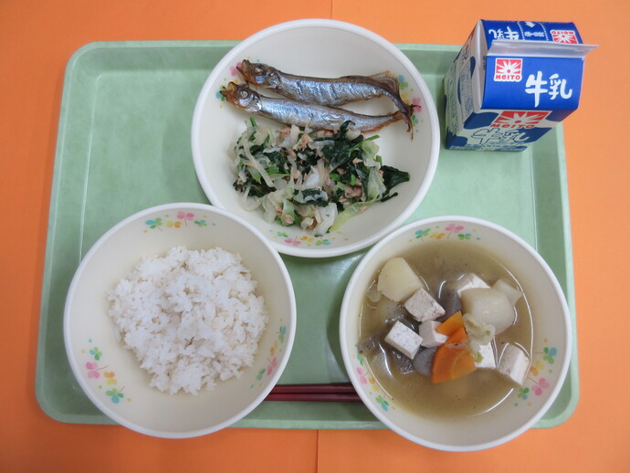6月26日の給食 ご飯 けんちん汁 焼きししゃも 野菜とツナのあえもの 牛乳