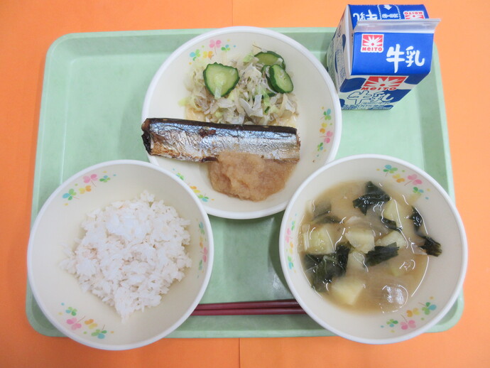 10月17日の給食 ご飯 味噌汁 さんまの塩焼き 大根のおろし煮 じゃこあえ 牛乳