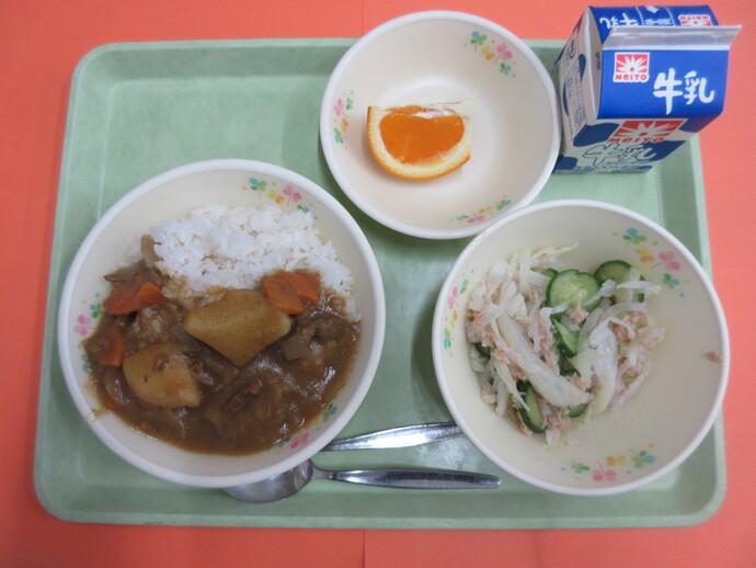 4月15日　カレーライス ツナサラダ 清見オレンジ 牛乳