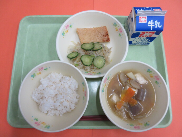 5月21日　ご飯　けんちん汁　いかのねぎみそ焼き　じゃこ和え 牛乳